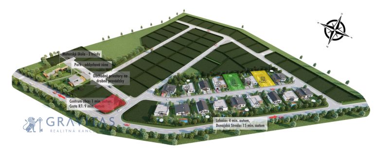 Na predaj nový 4-izbový rodinný dom (Typ ALEX-51) - Areál znázorňuje usporiadanie a vybavenie novej štvrte vrátane rodinných domov.