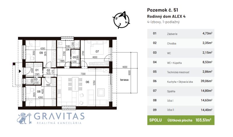 Na predaj nový 4-izbový rodinný dom (Typ ALEX-51) - Pôdorys obsahuje zádverie, chodbu, kuchyňu, obyvaciu izbu a tri izby rodinného domu.