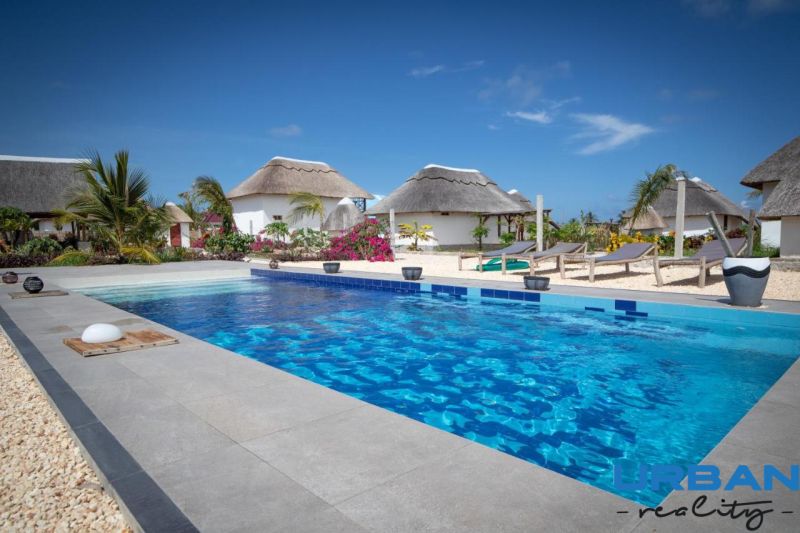 ZARIA GARDEN BUNGALOWS - Na obrázku vidno bazén, palmy a rekreačné domy s doškovými strechami v tropickom prostredí. Výstavba domov je vhodná pre relaxáciu.