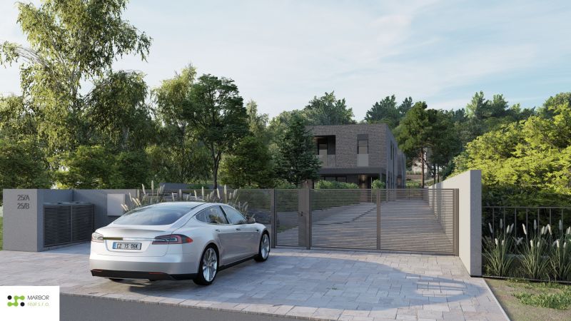 Stavebné pozemky s projektom 2 samostatných RD v obci Baška-časť Maša - Dom v zeleňou obklopenom prostredí, stojí pred ním auto, ideálny pozemok-bývanie.