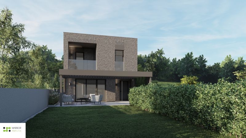 Stavebné pozemky s projektom 2 samostatných RD v obci Baška-časť Maša - Dom s tehlovou fasádou a terasou obklopenou zeleňou ponúka komfortné bývanie.