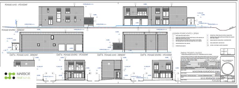 Stavebné pozemky s projektom 2 samostatných RD v obci Baška-časť Maša - Architektonický výkres rekreačného domu v Baške, pozemky na bývanie so zobrazením rôznych pohľadov.