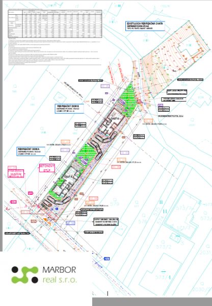 Stavebné pozemky s projektom 2 samostatných RD v obci Baška-časť Maša - Stavebný plán pre Pozemky - bývanie v Baške, so zelenými plochami a označenými bodmi.