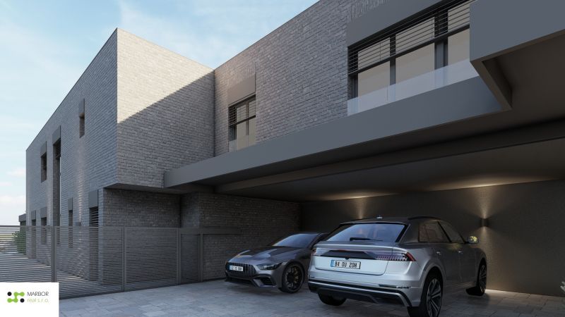 Stavebné pozemky s projektom 2 samostatných RD v obci Baška-časť Maša - Moderná rezidencia s elegantnou architektúrou, priestrannou garážou a prestížnymi automobilmi, ideálne pre bývanie.