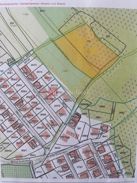  Investičný pozemok: rozloha: 4236 m2, Brusno - krásny výhľad   - Katastrálna mapa z oblasti Brusno, Záhrady s pozemkami a parcelami.