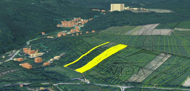  Stavebné pozemky 11 558 m² v atraktívnej lokalite Častá – Píla - Letecký pohľad na pozemky na bývanie v Častej, zvýraznené žltou farbou.