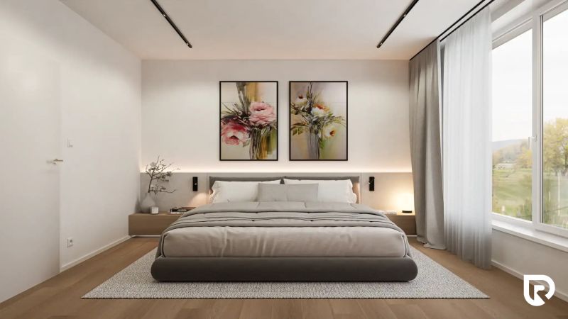 Rezidencia Karpatská (C.3E), 2i byt 60 m2 s loggiou 6 m2, TN - Spálňa v 3-izbovom byte s veľkou posteľou, obrazmi a veľkým oknom.