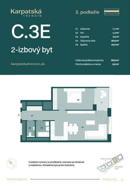 Rezidencia Karpatská (C.3E), 2i byt 60 m2 s loggiou 6 m2, TN - Pôdorys 2-izbového bytu na Karpatskej ulici v Trenčíne, celková plocha 59,8 m².