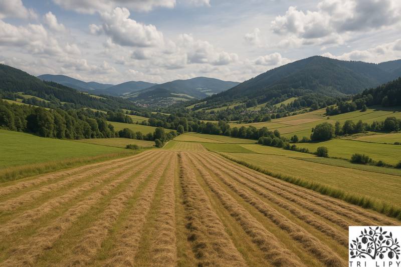 INVESTIČNÁ PRÍLEŽITOSŤ: Podiely Oščadnica, Raková, Staškov - Letný pohľad na Poľnohospodárske a lesné pozemky v Oščadnici s horským pozadím.