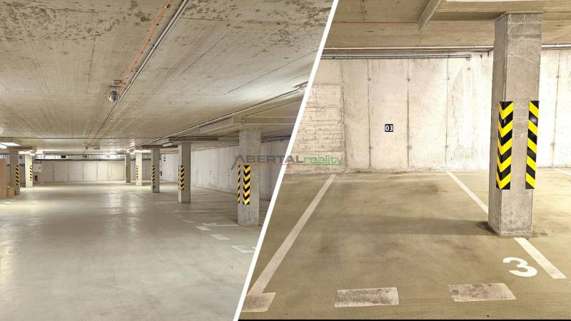 PRENÁJOM- 1i byt, klima, parking, loggia,Olivia Residence, Rožňavska - Podzemné parkovacie miesta s označením a betónovými stĺpmi v parkovacom dome.