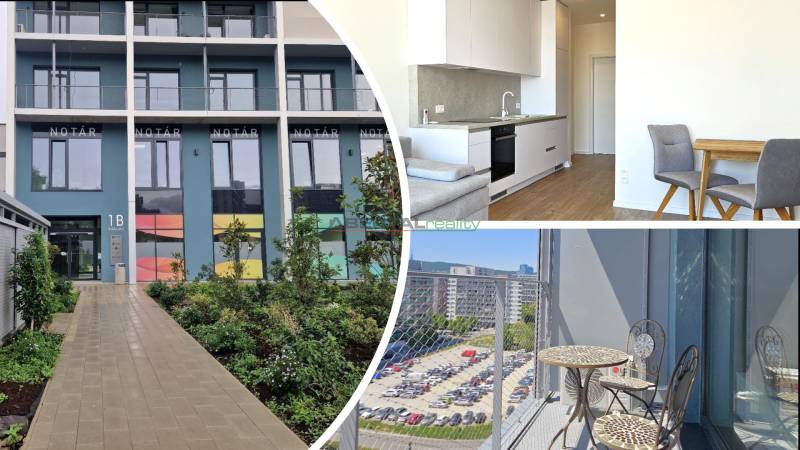 PRENÁJOM- 1i byt, klima, parking, loggia,Olivia Residence, Rožňavska - Vstupná hala budovy na Kolářskej ulici, interiér a balkón 1-izbového bytu.