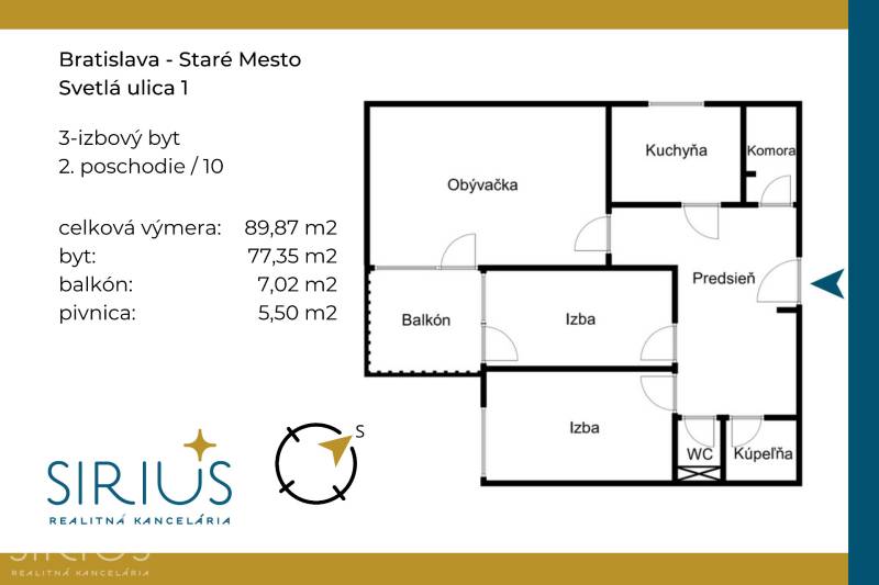 BÝVANIE NA HRADOM KOPCI - 3i byt, 90 m2 s balkónom, SVETLÁ ulica - Pôdorys 3-izbového bytu na Svetlej ulici v Bratislave. Celková výmera 89,87 m².