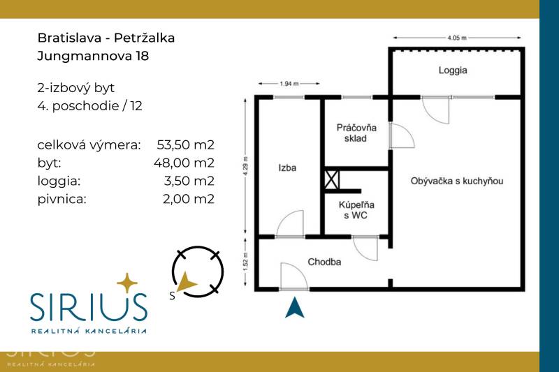 VYHĽADÁVANÁ 2-garsónka DE-LUXE v NAJVYHĽADÁVANEJŠEJ lokalite PETRŽALKY - Plán bytu: 2-izbový byt, 4. poschodie, Jungmannova ulica, Bratislava - Petržalka.