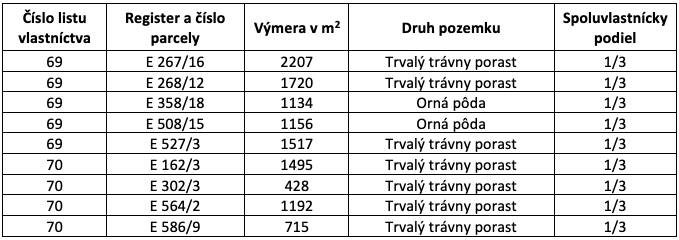 Ižkovce – 3.855 m2 ORNÁ PÔDA a LESY - Tabuľka s parcelami v Ižkovciach, uvádza výmery poľnohospodárskych a lesných pozemkov a spoluvlastnícke podiely.