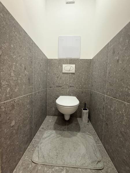 KOMPLETNE ZREKONŠTRUOVANÁ GARSÓNKA s ÚPLNE NOVÝM ZARIADENÍM, DNV - Toaleta s kamenným obkladom v 1-izbovom byte, mäkká rohož pred WC.