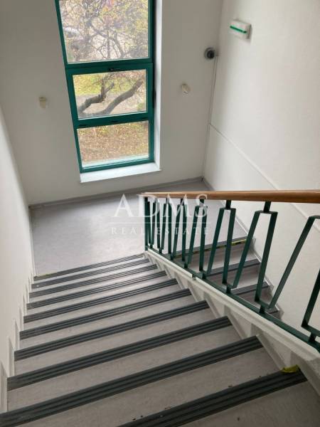 Administratívna budova  - Schodisko v kanceláriách s oknom a zábradlím, výhľad na vonkajšiu prírodu.