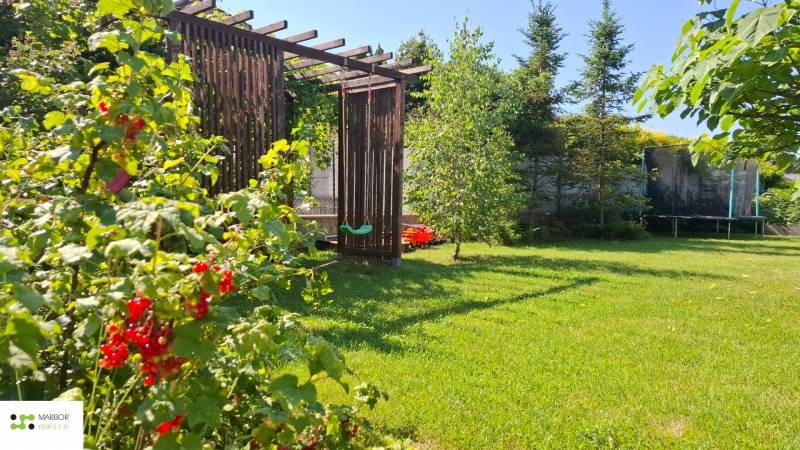 Na predaj-kompletne zrekonštruovaný rodinný dom s dvojgarážou Malá Ida - Záhrada rodinného domu na Brezovej ulici v Malej Ide s hojdačkou a trampolínou.