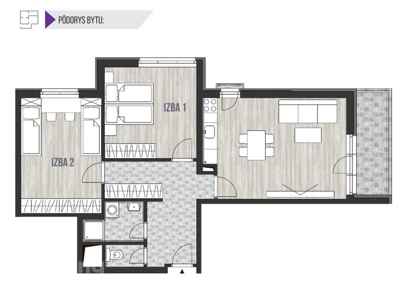 ZARIADENÝ - 3i v novostavbe 76 m2 + balkon - Trenčín - Pôdorys 3-izbového bytu s obývačkou, kuchyňou a dvomi izbami.