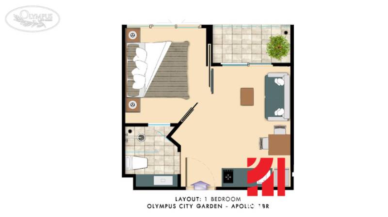 1 IZBOVÝ APARTMÁN A (1 SPÁLŇA + 1 OBÝV. IZBA) CITY GARDEN OLYMPUS  - Pôdorys 2-izbového bytu s balkónom, kuchyňou, kúpeľňou a spálňou.