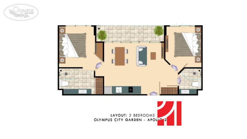 2 IZBOVÝ APARTMÁN A (2 SPÁLNE + 1 OBÝV. IZBA) CITY GARDEN OLYMPUS  - Pôdorys 3-izbového bytu s dvoma spálňami, kuchyňou, obývačkou, terasou a dvoma kúpeľňami.