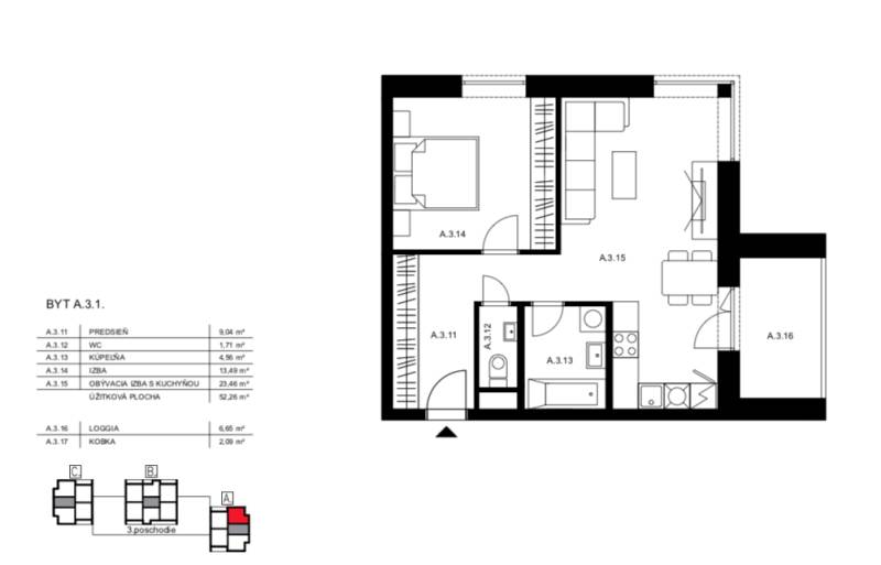 2i byt  A.3.1 - Bell Residence - Pôdorys ukazuje 2-izbový byt s loggiou a kúpeľňou na ulici Suchoňova.