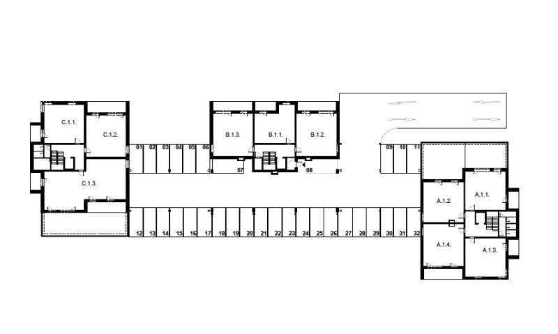 2i byt  A.3.1 - Bell Residence - Pôdorys s rozložením apartmánov pre stavbu na ulici Suchoňova, vrátane 2-izbového bytu.