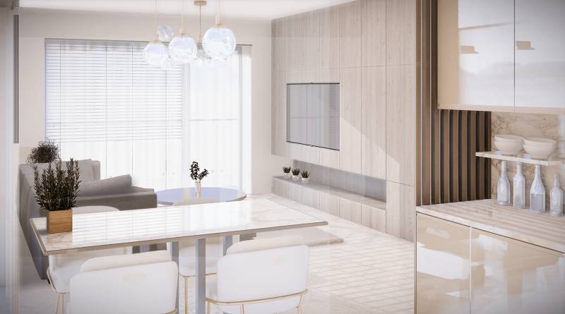 2i byt  A.3.1 - Bell Residence - Interiér 2-izbového bytu s moderným vybavením, minimalistickým nábytkom a prírodnými dekoráciami na ulici Suchoňova.