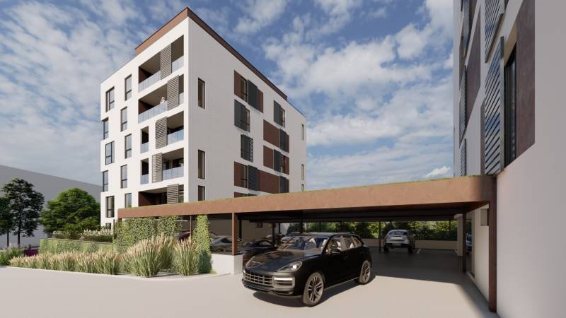 2i byt  A.3.1 - Bell Residence - Vizualizácia budovy s parkoviskom, ulica Suchoňova, ideálna pre 1-izbový byt záujemcov.