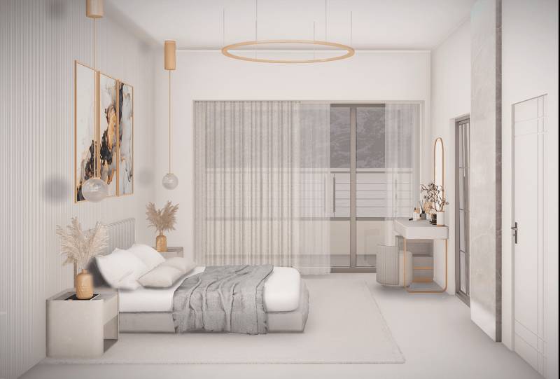 Posledný 3 izbový byt Bell Residence B.6.3. - Spálňa v neutrálnych tónoch s veľkými oknami a posteľou na ulici Suchoňova.