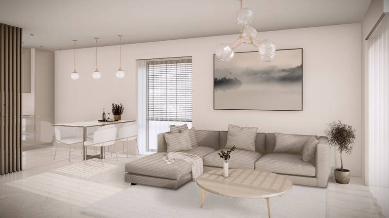 Posledný 3 izbový byt Bell Residence B.6.3. - Obývacia izba v 3-izbovom byte na ulici Suchoňova, s pohodlnou sedačkou a jedálenským stolom.