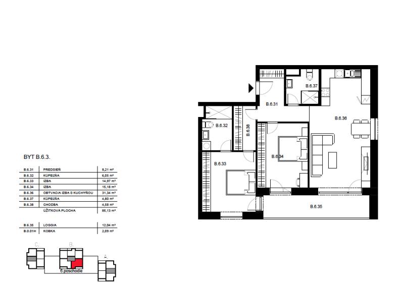 Posledný 3 izbový byt Bell Residence B.6.3. - Dispozícia 3-izbového bytu: kuchyňa s obývačkou, dve izby, loggia na ulici Suchoňova.