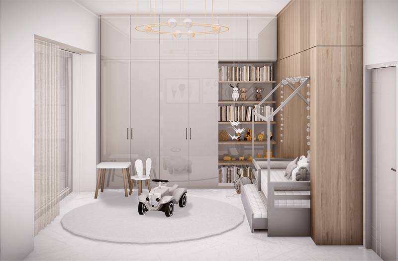 Posledný 3 izbový byt Bell Residence B.6.3. - Detská izba na ulici Suchoňova, 3-izbový byt, s posteľou, knihami a stoličkami.