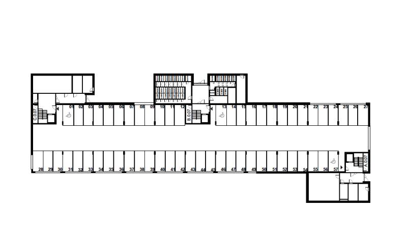 Posledný 3 izbový byt Bell Residence B.6.3. - Pôdorys veľkej podzemnej garáže s viacerými parkovacími miestami na ulici Suchoňova.