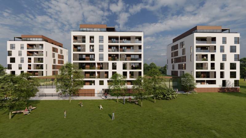 1,5 i byt BELL RESIDENCE B.2.4. - Trojica bytových domov na ulici Suchoňova, trávnik a relaxujúci ľudia. 1-izbový byt.