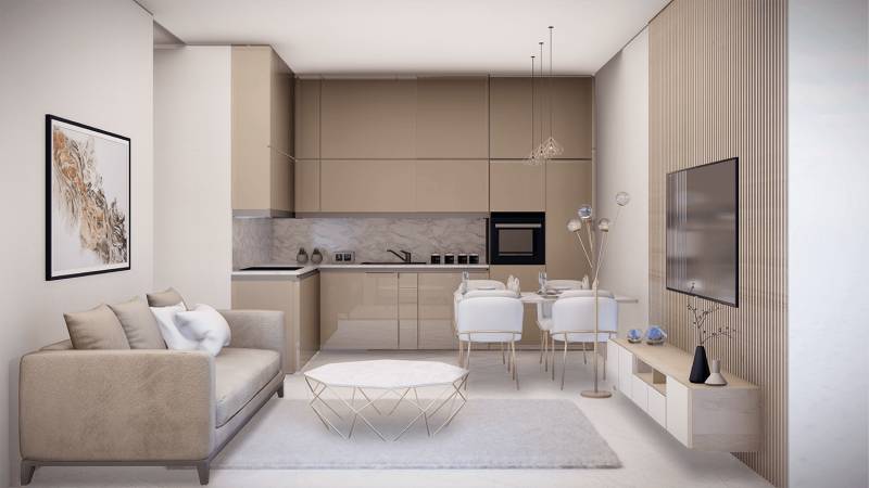 1,5 i byt BELL RESIDENCE B.2.4. - 1-izbový byt na Suchoňovej: útulná obývačka s kuchyňou, jedálenským kútom a modernými prvkami.