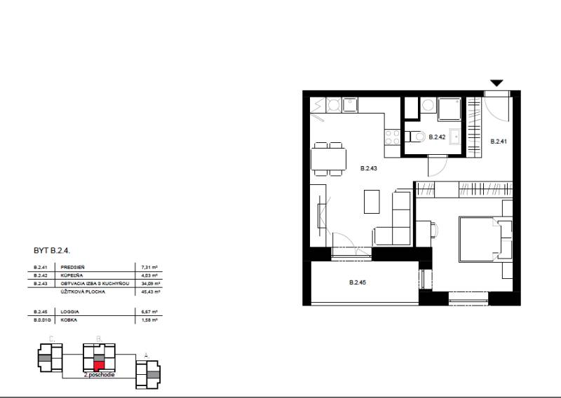 1,5 i byt BELL RESIDENCE B.2.4. - Pôdorys bytu na ulici Suchoňova s 1-izbovým rozložením zahŕňa kuchyňu a kúpeľňu.