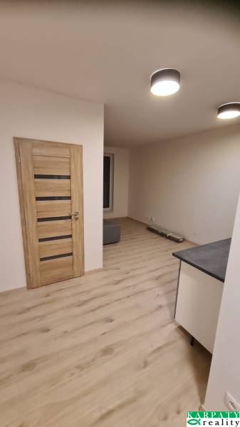 Predaj 1,5 izbový byt v Bratislava- Jarovce - Drevené dvere, svetlá plávajúca podlaha a stropné svietidlá v 1-izbovom byte.