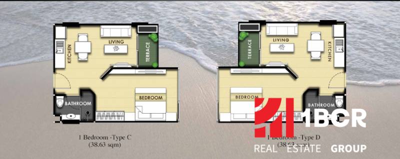 1 IZBOVÝ APARTMÁN (1 SPÁLŇA + 1 OBÝV. IZBA) CITY GARDEN TROPICANA  - Pôdorys dvoch apartmánov s jednou spálňou, kuchyňou, obývačkou, terasou a kúpeľňou.