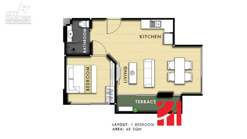 1 IZBOVÝ APARTMÁN (1 SPÁLŇA + 1 OBÝV. IZBA) CITY GARDEN TROPICANA  - Pôdorys 2-izbového bytu s kuchyňou, obývačkou, terasou a kúpeľňou.