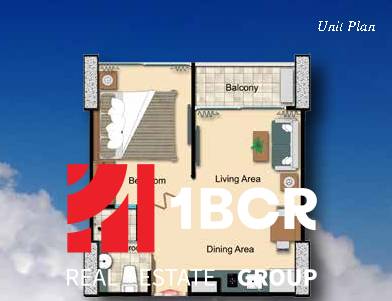 1 IZBOVÝ APARTMÁN (1 SPÁLŇA + 1 OBÝV. IZBA) THE CLOUD PATTAYA - Pôdorys 2-izbového bytu s balkónom, obývačkou a spálňou.