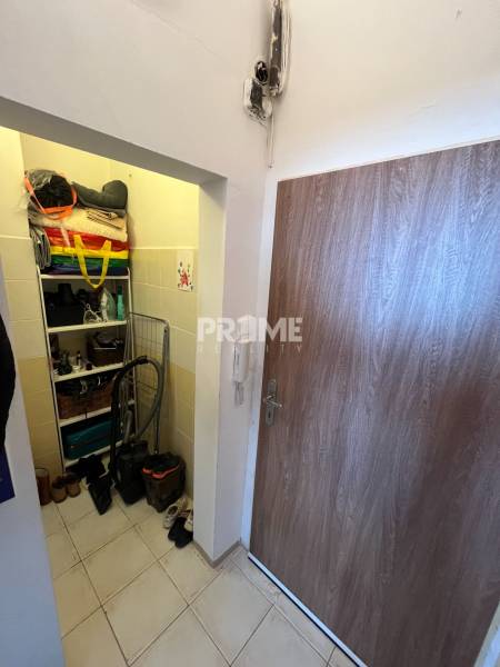 Pekná slnečná garsónka vhodná ako investičný byt na krákodobý prenájom - Vstupná chodba v garsónke s botníkom, botami a dverami. Skvelé pre minimalistov.