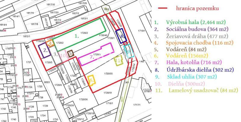 Priemyselný areál Levice - Plán a rozloženie skladov a hál v Leviciach s popismi budov.