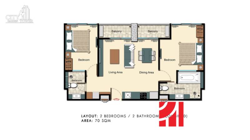 2 IZBOVÝ APARTMÁN (2 SPÁLNE + 1 OBÝV. IZBA) CITY GARDEN TOWER PATTAYA - Pôdorys zobrazuje 3-izbový byt s dvomi spálňami a dvomi kúpeľňami, vybavený balkónmi.
