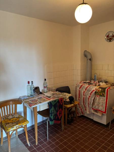 PREDAJ, PODLUŽANY - VINIČNÝ DOMČEK S VINOHRADOM - Stará kuchyňa, stoly a stoličky s fľašami, dlaždice, svetlo, vhodné pre rekreačné pozemky.