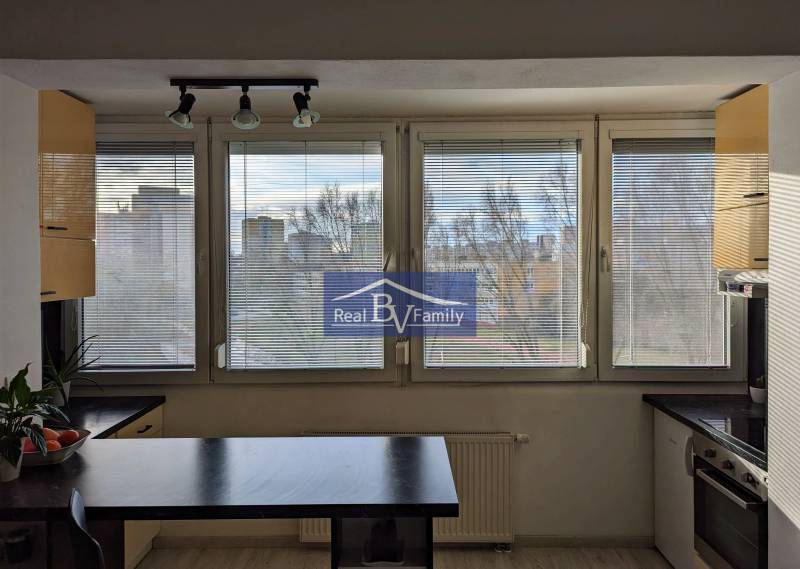 PREDAJ, NÁMESTIE HRANIČIAROV, PETRŽALKA - GARSÓNKA - Garsónka s veľkými oknami a kuchynským kútom, s výhľadom na mesto.