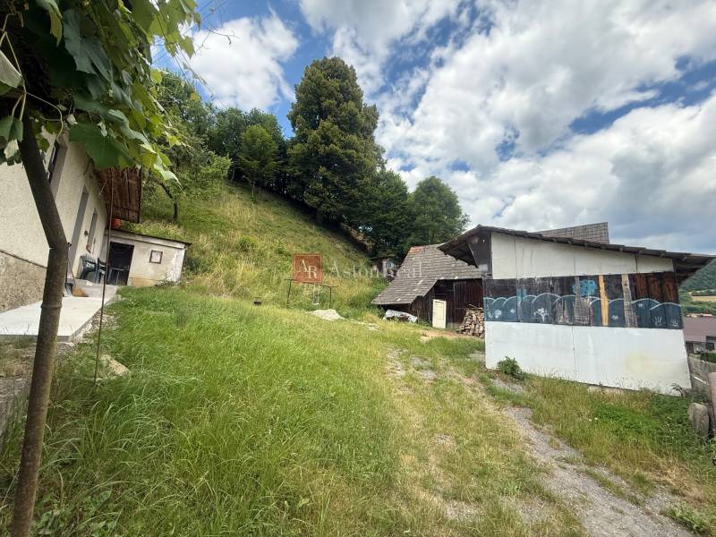 Na prenájom kompletne zariadeným rodinný dom s garážou- Záriečie - Dvor vidieckeho rodinného domu v Záriečí na Záriečí s trávnatým porastom a prístreškom.