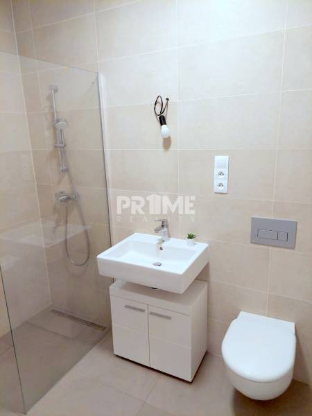 Pekný 2i byt, zariadený, loggia, pivnica,garáž.státie, novostavba Bory - Kúpeľňa v 2-izbovom byte so sprchovacím kútom, umývadlom a toaletou.