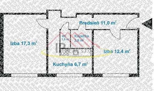 PREDAJ 2 izb. bytu ,52,50 m2, BA - Hornádska ul,2/8.posch., kompl.rek. - Pôdorys 2-izbového bytu s dvomi izbami, kuchyňou, predsieňou, kúpeľňou a WC.