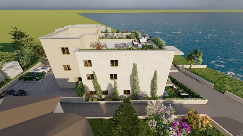 CHORVÁTSKO - Apartmány v 1. rade (2i) - MANDRE, ostrov PAG - Exteriér 4-izbového bytu v Mandre s výhľadom na more a zeleň.