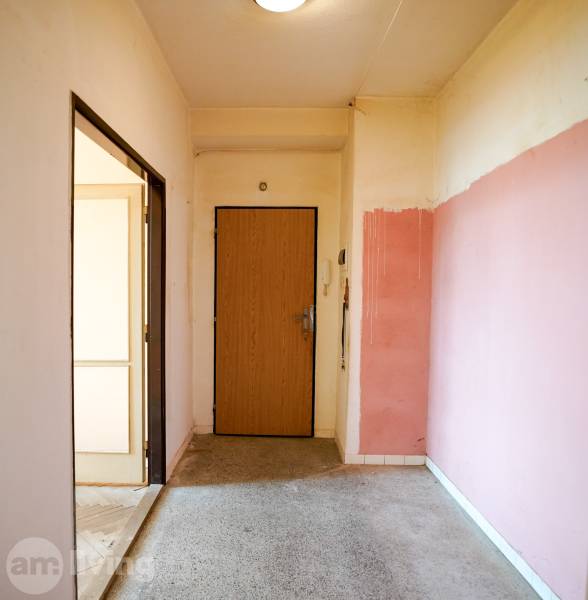 NOVINKA - 2 izbový tehlový byt - Nová Dubnica - 60m²  - Vstupná chodba v 2-izbovom byte s ružovou stenou a hnedými dverami.